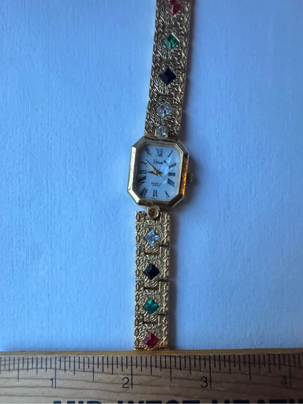 Vintage Vivani Women’s Watch Quartz Gold Tone Links With Multicolor Stone Insets